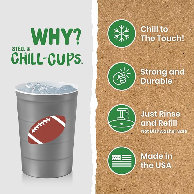 Steel Chill Cups 16 oz. Reusable Party Cups, Football, Gray, 12 Count | Made in USA from Steel these durable cups chill fast & keep your drink cold for longer, 100% recyclable for sustainablity