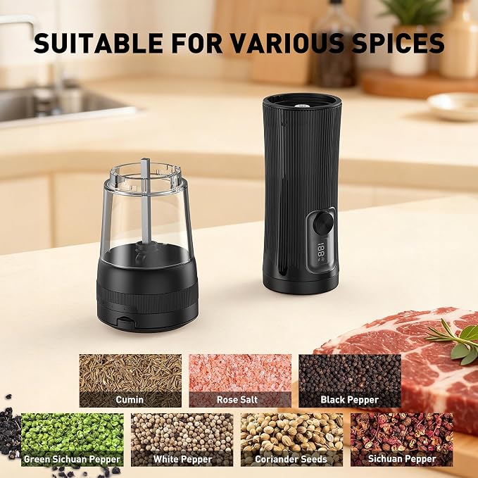 Electric Salt and Pepper Grinder Set, Upgrade 2-Speed Setting, External 5 Adjustable Coarseness, Rechargeable Automatic Salt & Pepper Shakers Mill with Battery Display, Storage Base & Led Light, Black