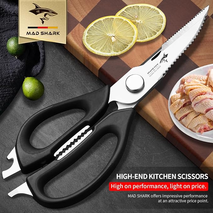 MAD SHARK Kitchen Scissors All Purpose Kitchen Shears Come Apart | Stainless Steel Utility Scissors with Comfort Grip,Heavy Duty Poultry Shears for Chicken,Meat,Fish,Dishwash Safe (BLACK)