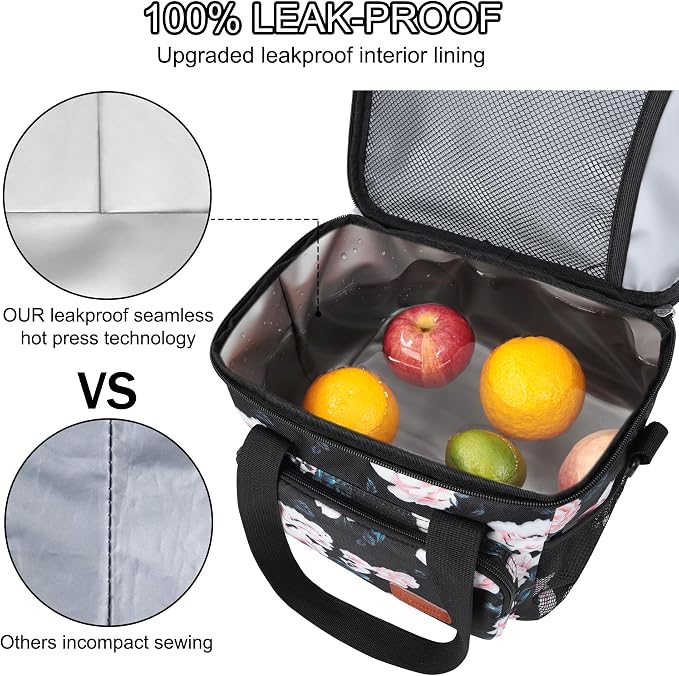 Lunch Bags for Women/Men, Insulated Lunch Bag for Work Office - Lunch Cooler Bag Leakproof Lunch Box with Adjustable Shoulder Strap - Pink flower
