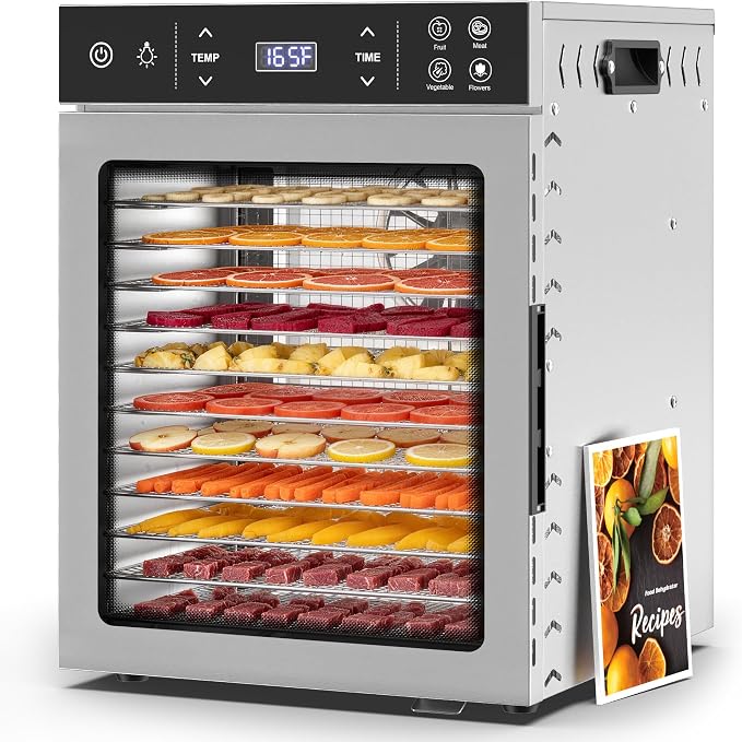 Suteck 800W Food Dehydrator with 12 Trays for Jerky, Fruit, Veg, Meat | Stainless Steel, 4 Presets, Strong Dual Fans & 360° Airflow, 85°F–195°F, 24H Timer, Built-in Light, Quiet