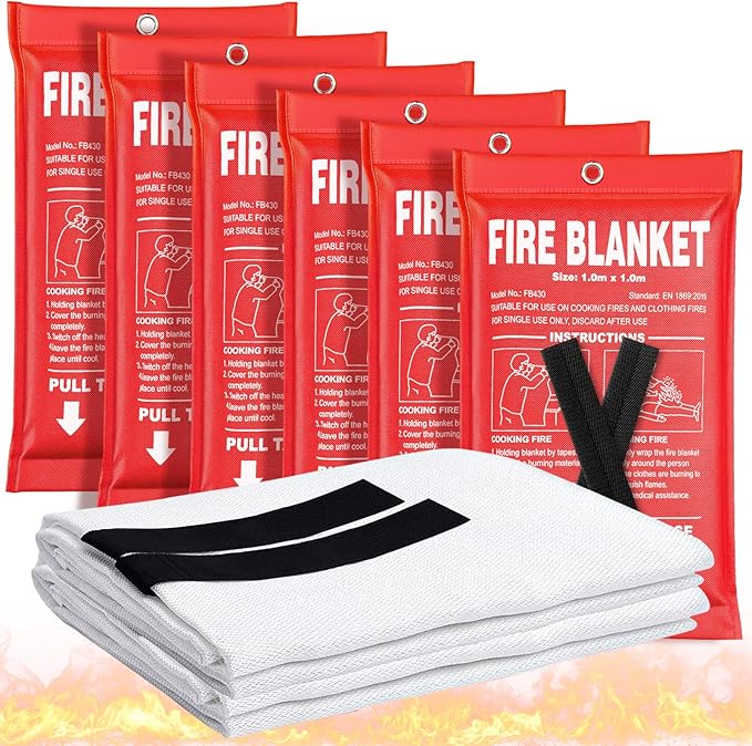 Fire Blanket 6 Pack - 40" x 40" Prepared Emergency Fire Blanket | For Home and Kitchen, RV, Grill, Fireplace, Safe & Easy for Young Adults and Elderly Living Alone | Fiberglass CE Certified