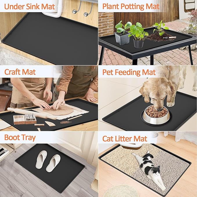 TOHONFOO Silicone Coffee Maker Mat with Lip, 19.7'' x 15'' Heavy Duty Coffee Maker Mat for Countertops, Coffee Tray Fit Under Coffee Machine Appliance Automatic Machines Espresso Accessory, Black