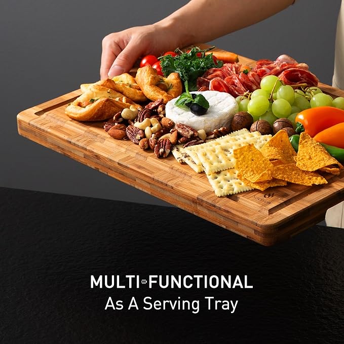 Bamboo Cutting Board 17'' Wood Cutting Boards for Kitchen Wooden Non Toxic | Heavy Duty, Solid & Durable, Juice Groove, Chopping Board, End Grain, Smart Flexible High Rank Stainless Steel Titanium