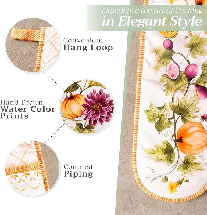 Maison d' Hermine Double Oven Mitts 100% Cotton Double Oven Glove (7"x35") | Heat Resistant Cooking Gloves with Loop Baking Kitchen Home Farmhouse Thanksgiving Christmas - Pumpkin Garden - Cloudy Cream