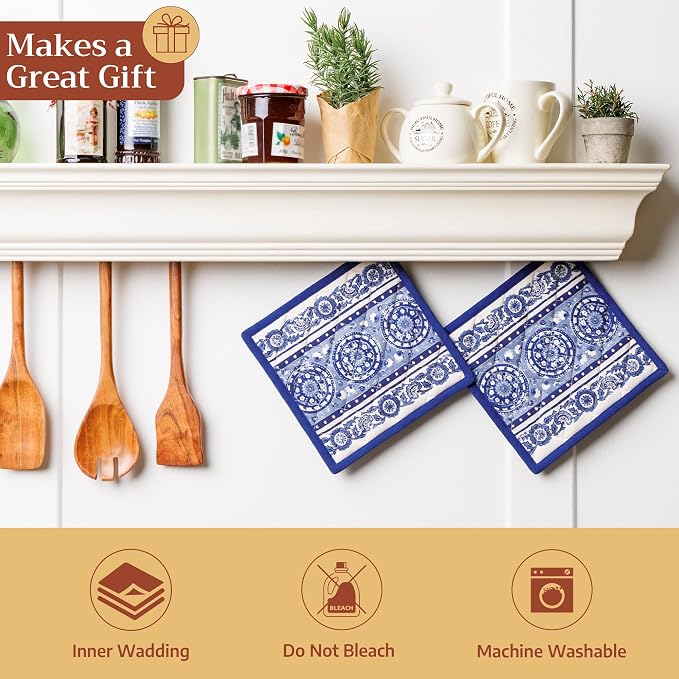 Maison d' Hermine Pot Holders 100% Cotton Potholders (8" x 8", Pack of 2) | Heat Resistant Hot Pads with Loop BBQ Cooking Baking Farmhouse Kitchen Handling Hot Pans Spring Summer - Melodie Bleue