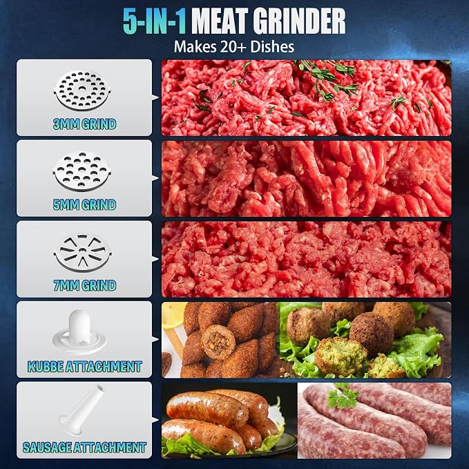 5.0 Upgrade Electric Meat Grinder,3S Grinding,Meat Grinders for Home Use-G | 【3500W Super Motor】【3 Sets 304 Stainless Steel Blade & Plate】Meat Grinder with Kubbe&Sausage Kit Perfect for Kubbe,Sausage