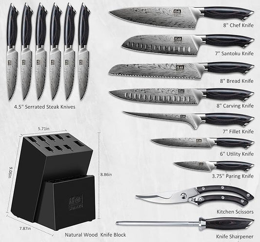 SHAN ZU 16 Pieces Knife Set, Knife Block Set in Powder Steel, Ultra Sharp Kitchen Knives Set, High Hardness Japanese Knife Set with Ergonomic Pakkawood Handle, Chef Knives Set for Kitchen Cooking