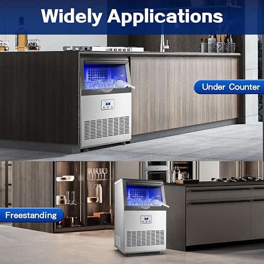Amzgachfktch Commercial Ice Maker, 110lbs/24H Ice Maker Machine w/ 25 lbs Storage, 45 Ice Cubes in 12 Mins, Auto Self-Cleaning, Blue Light, Under Counter/Freestanding Ice Machine for Home Bar