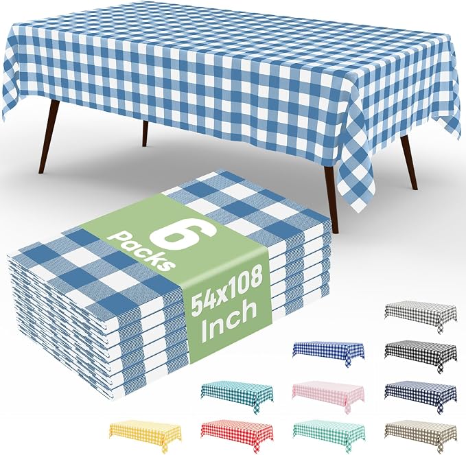 6 Packs Buffalo Disposable Table Cloth, 54 x 108 Inch Waterproof Plastic Tablecloth, Rectangle Aquamarine and White Checkered Table Covers for Picnic, Birthday, Party, Back to School