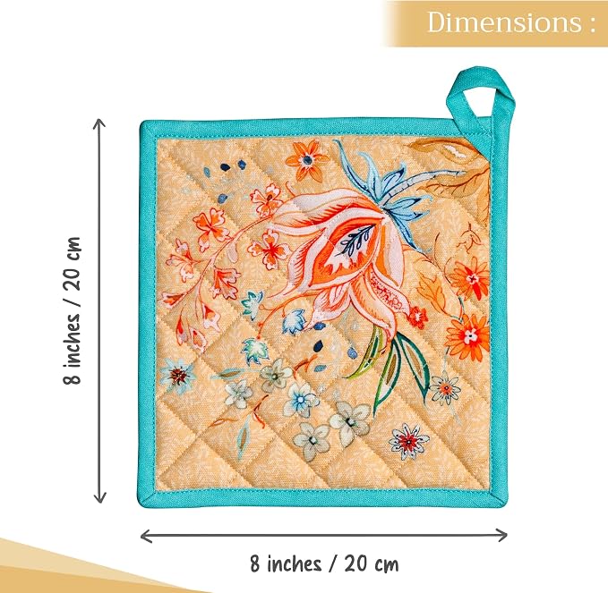 Maison d' Hermine Pot Holders 100% Cotton Potholders (8" x 8", Pack of 1) | Heat Resistant Hot Pads with Loop BBQ Cooking Baking Farmhouse Kitchen Handling Hot Pans Spring Summer - Luxury Loft - Peach