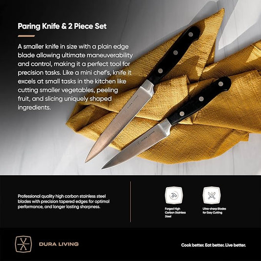 DURA LIVING 3.5 Inch Paring Knife – Essential High Carbon Stainless Steel, Razor-Sharp, Multipurpose Small Kitchen Knife, Ergonomic Handle, Perfect for Precision Tasks, Sleek Black Design