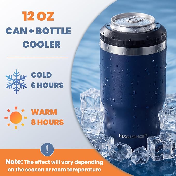 HAUSHOF 4-in-1 Insulated Can Cooler Fits 12oz Cans & Beer Bottle, Navy Blue | Double-Wall Vacuum Insulated, 18/8 Stainless Steel, BPA-Free Lid, Slim Can Cooler for Camping, Beach & Picnic