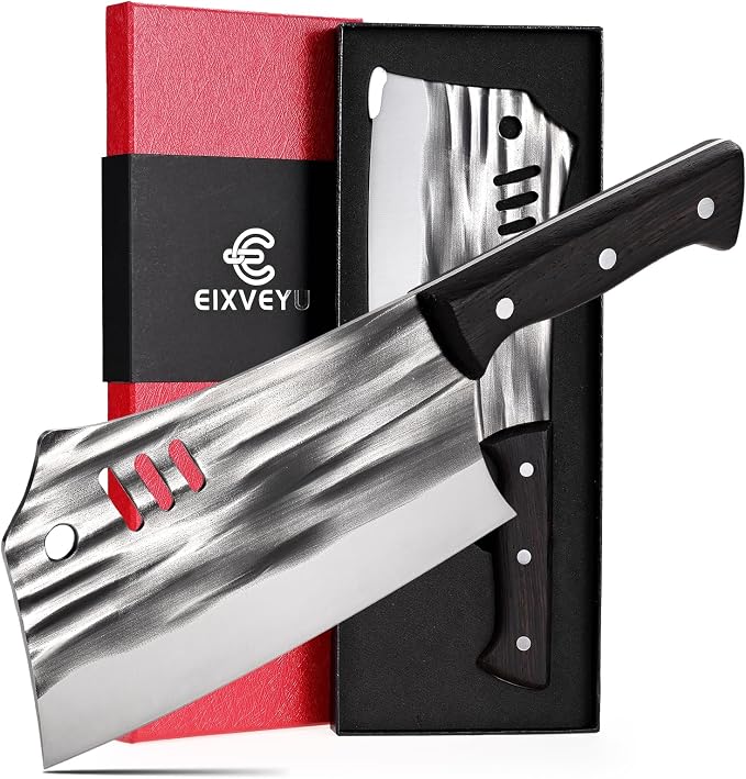 SHI BA ZI ZUO Chopping Knife Forged Cleaver Knife Heavy Duty Kitchen Knife for Meat Cutting with Anti-Slip Wooden Handle