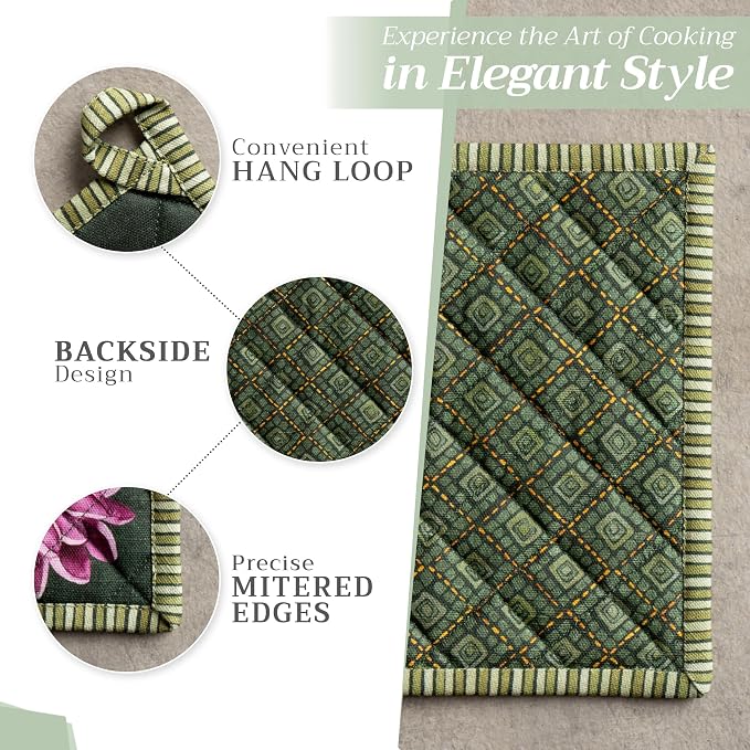 Maison d' Hermine Pot Holders 100% Cotton Potholders (8" x 8", Pack of 2) | Heat Resistant Hot Pads with Loop BBQ Cooking Kitchen Handling Hot Pans Thanksgiving Christmas - Pumpkin Garden - Dark Green