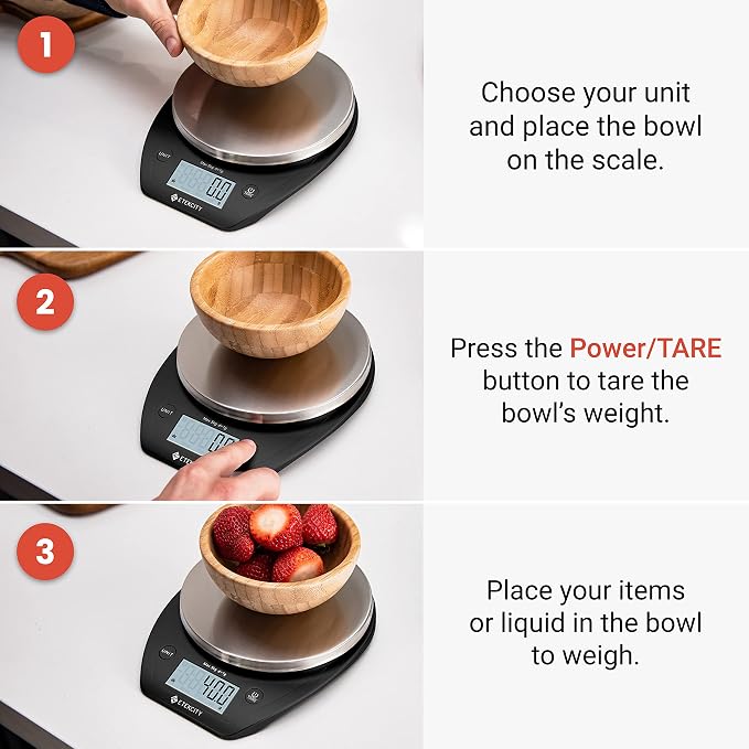 Etekcity 0.1g Food Scale, Bowl, Digital Grams and Ounces for Weight Loss, Dieting, Baking, Cooking, and Meal Prep, 11lb/5kg, Stainless Steel Black | 11lb/5kg capacity with tare, removable bowl, ideal for baking, coffee, meal prep and portion control, S...