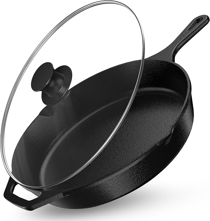 Utopia Kitchen Cast Iron Skillet 12 Inch with Lid Chefs Frying Pan Black | Chefs Pan, Pre Seasoned Skiller, Indoor and Outdoor Use, Grill Safe Cookware, Even Heat Distribution, Durable