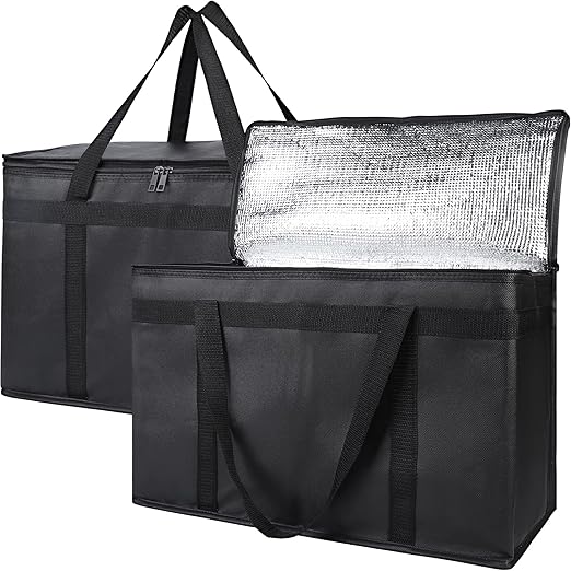 Bodaon 2-Pack Insulated Food Delivery Bag, XX-Large Reusable Grocery Shopping Bag, Frozen Food Cold, Bodaon Cooler Bags with Zippered Top, Black | Reusable Shopping Bag, Frozen Food Cold, Cooler Bags for Picnic, Commercial Catering Pizza Carrier, Therm...