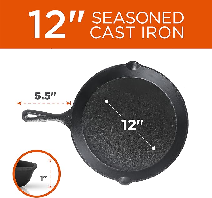Commercial CHEF 3-Piece Cast Iron Skillet Set, Pre-Seasoned, CHCI03PK | Includes 8”, 10” & 12” Skillets, Works on All Cooktops Including Induction, Outdoor Skillet for Campfires or Grills