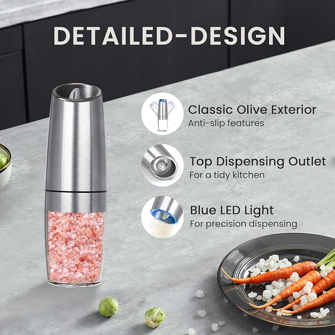 Battery Operated Salt And Pepper Grinder with LED Light, Automatic Electric Gravity Salt And Pepper Shakers, Each 6 AAA Batteries Needed, Adjustable Roughness, 1 Pack (Silver)