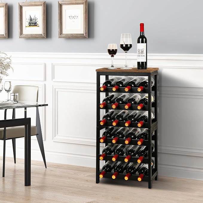 VASMIA Wine Rack Freestanding Floor, 6 Tier Bamboo Wine Storage Shelves with Table Top, 24-Botttle Wine Rack Shelf for Kitchen Bar Dining Room Living Room, Rustic Brown and Black