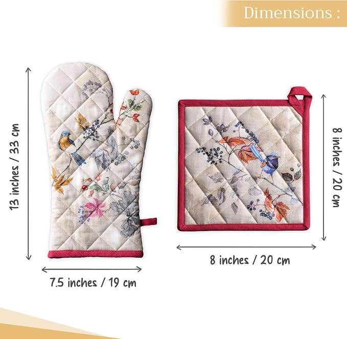 Maison d' Hermine 100% Cotton Oven Mitt & Pot Holder Set (7.5"x13" & 8"x8") | Heat Resistant BBQ Cooking Gloves with Loop Baking Kitchen Hotel Home Farmhouse Thanksgiving Christmas - Equinoxe - Beige