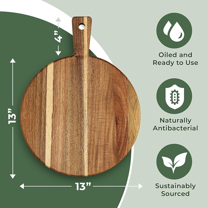 Acacia Wood Cutting Board and Chopping Board with Handle for Meat, Cheese Board, Vegetables, Bread, and Charcuterie - Decorative Wooden Serving Board for Kitchen and Dining Room, Large 13" x 13"
