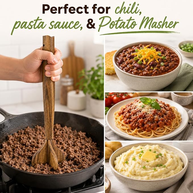 Wooden Meat Masher, Acacia Wood Meat Chopper for Ground Beef, 11 Inch Hamburger Smasher Tool, Manual Burger Potato Masher Kitchen Gadgets