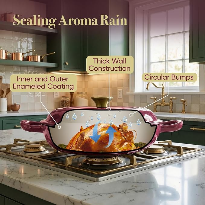 3 Quart Enameled Cast Iron Braiser, Non Stick Enameled Cast Iron Skillet with Lid, Dutch Oven Skillet with lid up to 500°F for Oven, Stove, Grill, Shallow Dutch Oven for Cook, Bake (Rose)