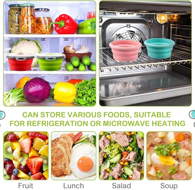 4 Pcs Collapsible Bowls with Lids Silicone Camping Food Storage Container Expandable Folding Salad Lunch Box Travel Container for Hiking Camping