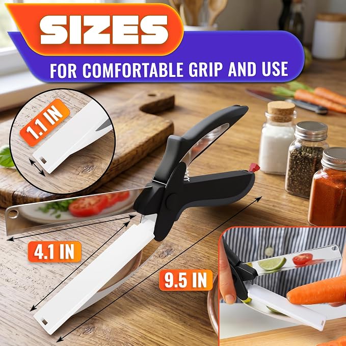 2 in 1 Kitchen Scissors for Food with Cutting Board, Safety Lock | Stainless Steel Cutting Board Scissors for Veggies, Fruit & Cheese; 9.5" Detachable Blade; Dishwasher Safe Tomato Knife