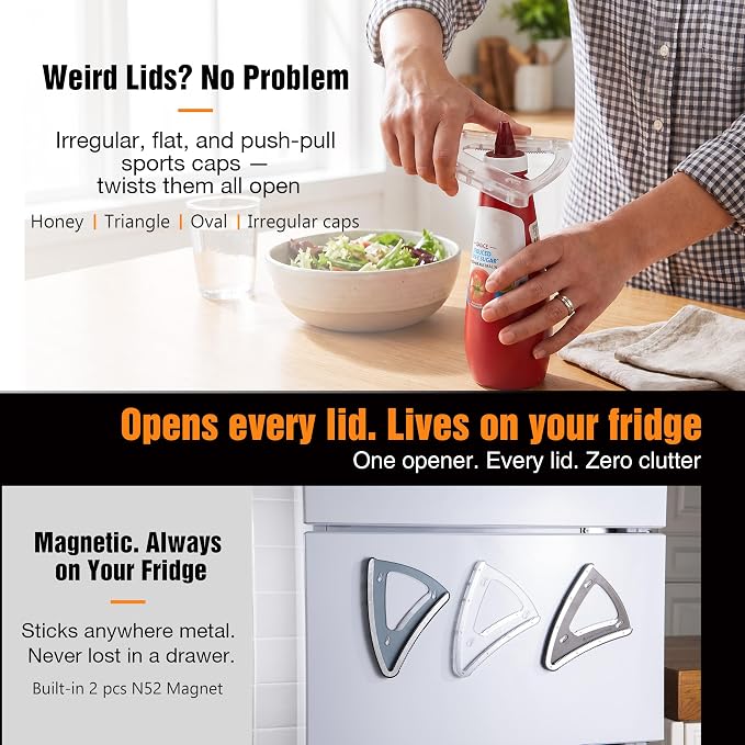 Uinxan Jar Opener-Handheld & Cabinet Mounted with Bracket for Weak Hands | Effortless Opening for Screw Lids, Bottle Caps & Odd-Shaped Tops, Patented, Magnetic Storage, 304 Stainless Steel (Clear)