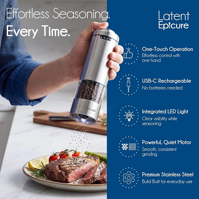 Latent Epicure Electric Salt and Pepper Grinder Set, USB-C Rechargeable | Stainless steel mills with LED light, Adjustable ceramic grinders, One-handed use, Rest tray & gift box included