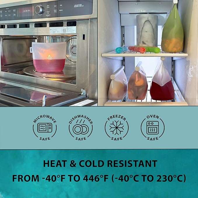 Reusable Silicone Food Storage Bags – Set of 4 Multicolor (500ml/17oz, 1000ml/34oz, 1500ml/51oz, 2000ml/68oz) – Leakproof, Freezer, Microwave, Oven & Dishwasher Safe, BPA-Free