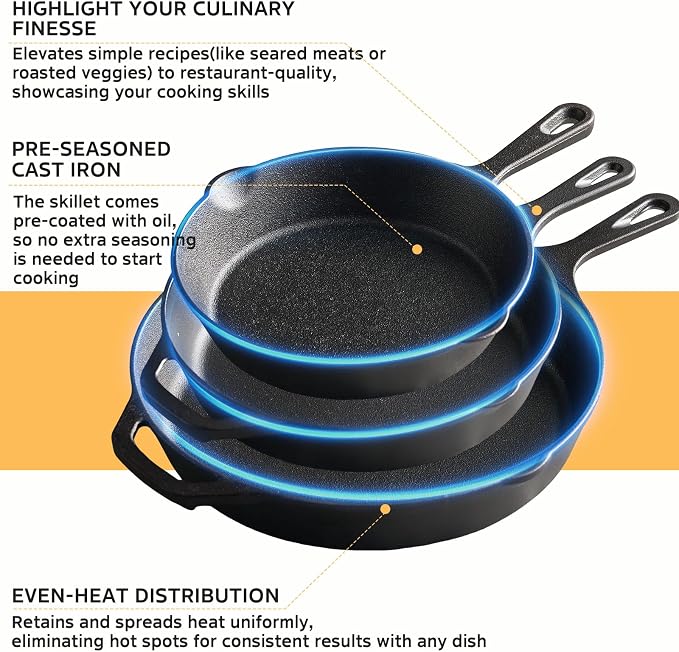 EWFEN Cast Iron Skillet 10 Inch, Pre-Seasoned Frying Pan, Heavy-Duty Professional Restaurant Chef Quality Cookware with Drip Spout, Indoor & Outdoor Use, Compatible with Oven, Stove, Grill & Campfire