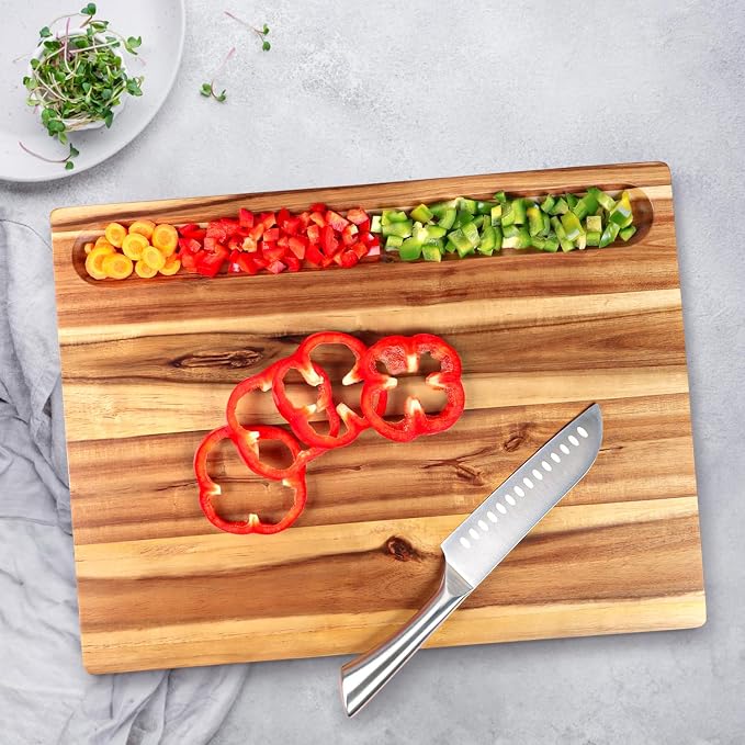 Acacia Wood Cutting Board (17x13x1.5in) and Wooden Butcher Block, Chopping Board - Reversible Multipurpose For Meat, Cheese Board, Vegetables, Bread...with Juice Groove, Cracker Holder & Inner Handles