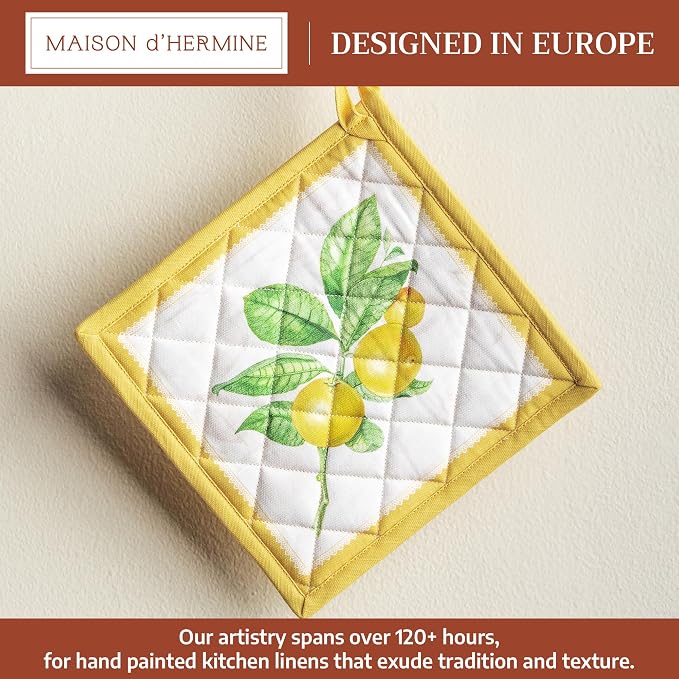 Maison d' Hermine Pot Holders 100% Cotton Potholders (8" x 8", Pack of 1) | Heat Resistant Hot Pads with Loop BBQ Cooking Baking Farmhouse Kitchen Handling Hot Pans Spring Summer - Limoncello