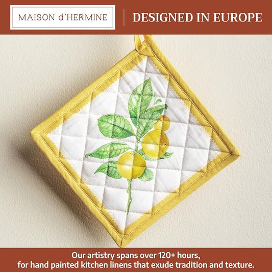 Maison d' Hermine Pot Holders 100% Cotton Potholders (8" x 8", Pack of 1) | Heat Resistant Hot Pads with Loop BBQ Cooking Baking Farmhouse Kitchen Handling Hot Pans Spring Summer - Limoncello