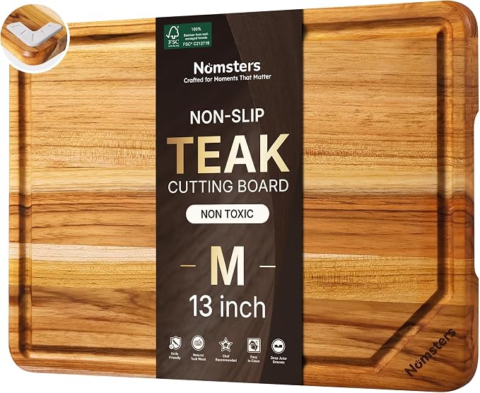 13'' Teak Cutting Boards for Kitchen Wood Wooden Chopping Board Non Toxic | Charcuterie Board, Serving, Heavy Duty, Over Sink, Non Slip, Wooden Chopping Board, Small Wooden Chopping Board, Kitchen Gift