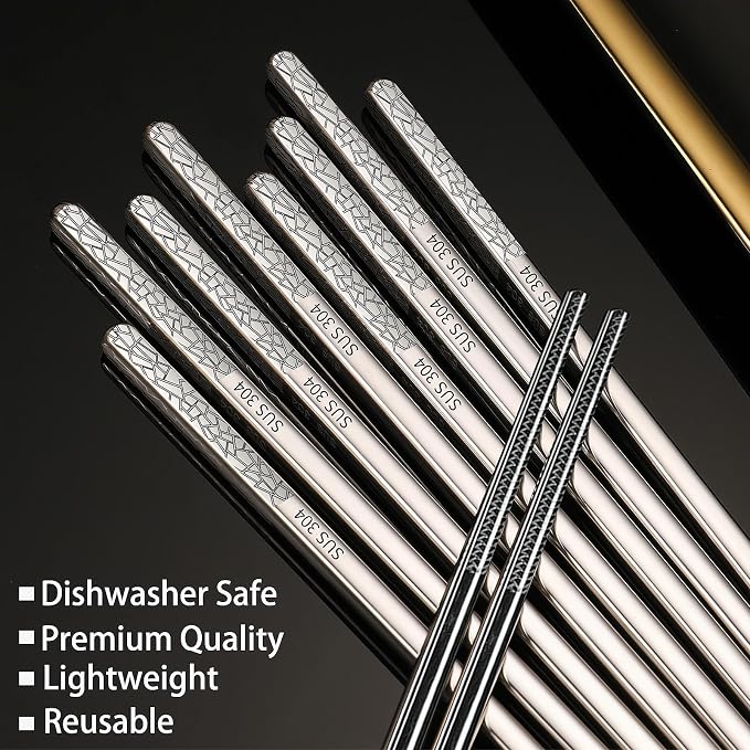 Stainless Steel Chopsticks Reusable, 5 Pairs, Silver Crack Pattern | Dishwasher Safe,18/8 Stainless Steel,Metal Chopsticks,Lightweight,Non-Slip,Laser engraving patterns