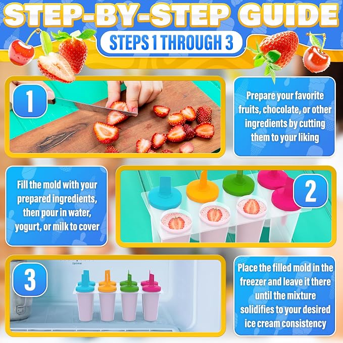 8 Pcs Popsicles Molds Round Set - Reusable Popsicle Molds With Sticks, Multi-Servings & Dishwasher-Safe Popsicle Makers for the Freezer - Ice Pop Mold for Berries, Fruits, Yogurt, Juice & Ice Cream