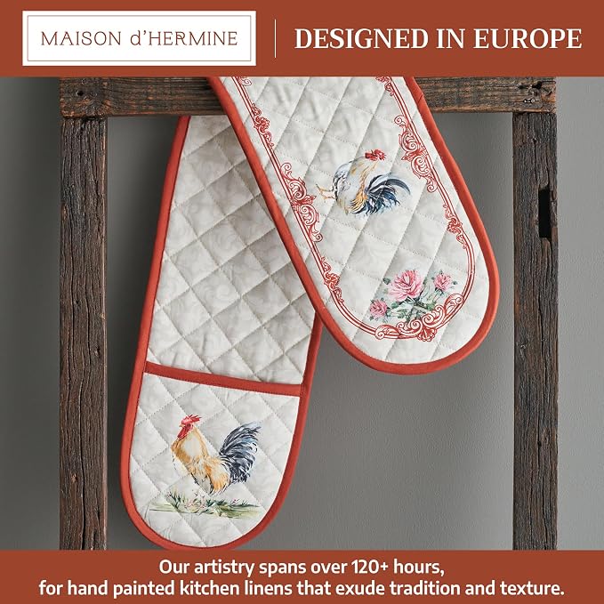 Maison d' Hermine Double Oven Mitts 100% Cotton Double Oven Glove (7"x35") | Heat Resistant BBQ Cooking Gloves with Loop Baking Grilling Kitchen Hotel Home Farmhouse Spring Summer - Campagne
