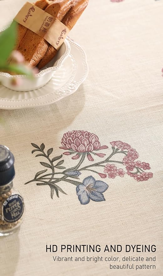 ISAENNE Designer Linen Light Beige Rectangular Tablecloth,French Colorful Floral Table Cloth,Stain Resistant Decor Tablecloths for Dining Thanksgiving Christmas Kitchen,55"*79"-Helena E