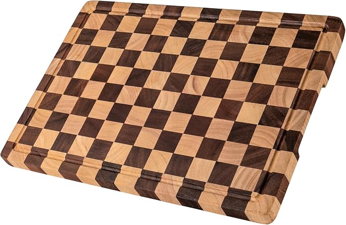 Checkered Cutting Boards for Kitchen, Wooden Chopping Board | Acacia Wood Cutting Board with Juice Grooves & Handles, Decorative Serving Tray with Gift Box, 16.5"x11.6"×0.8"