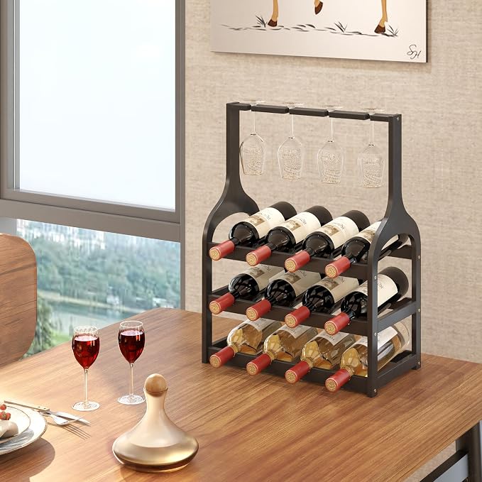 Bamboo Wine Rack Countertop, Small Free Standing Racks Tabletop Display | 12 Wine Bottles and 4 Glass Holder | Wooden Wine Storage Organizer Shelves for Kitchen Bar, Cellar, & Dining Room | Black