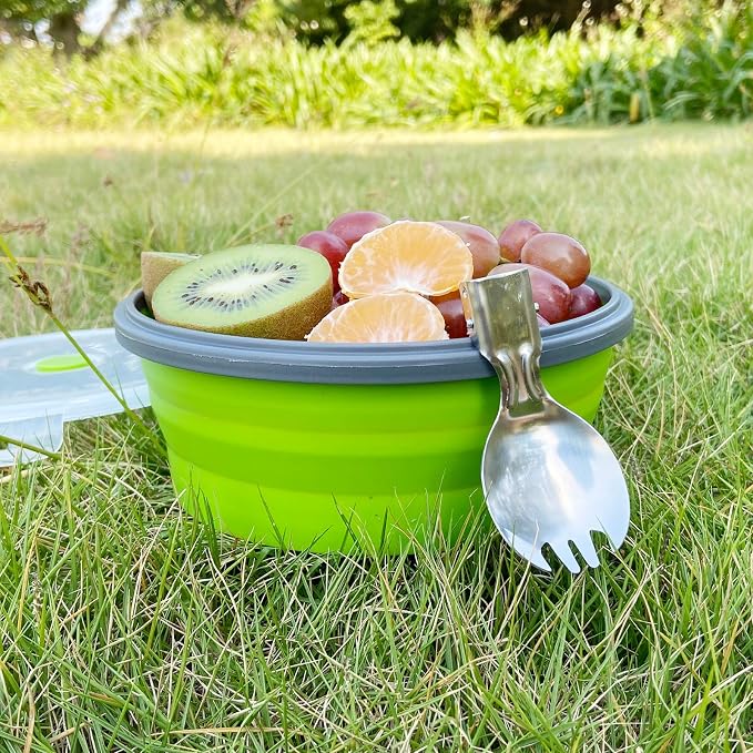 CCyanzi 1200ml Collapsible Camping Bowl Silicone Food Storage Container with Lid and Foldable Stainless Steel Fork Spoon, for Picnic, Travel, Camping, RV, Fridge and Microwave Bowls