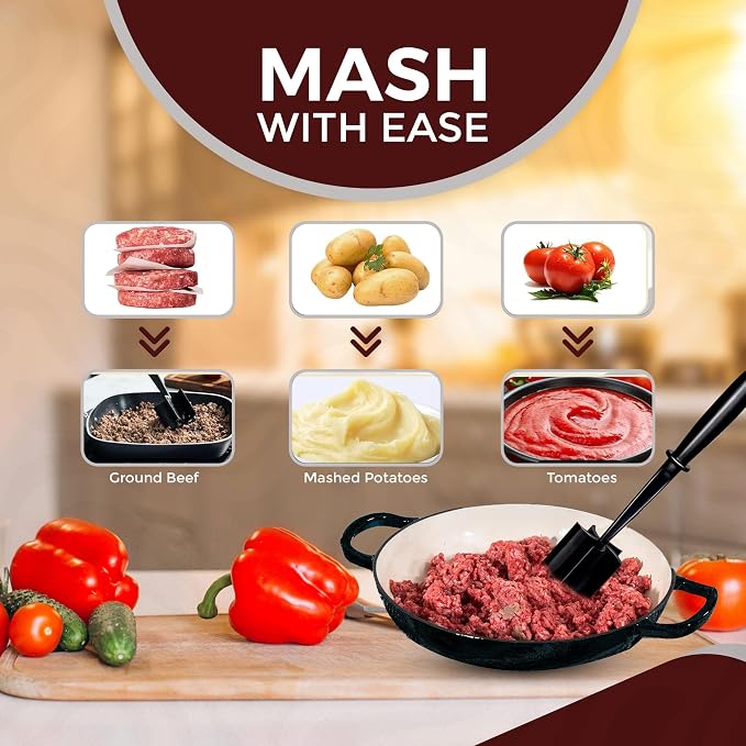 Meat Chopper - 5 Curve Blades - Ground Beef Masher - Heat Resistant Meat Masher Tool for Hamburger Meat, Ground Beef, Turkey & Nylon Hamburger Chopper Utensil Non-scratch Utensils