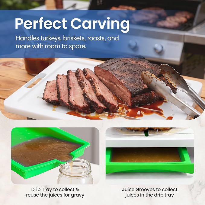 Karving King XL Deluxe Cutting Board - Spikes, Drip Tray & Meat Thermometer