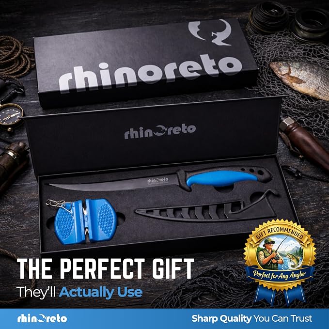 Rhinoreto Fillet Knife for Fish - Razor Sharp G4116 German Stainless Steel Blade, 7 Inch Professional Filleting & Boning Knife with Non-Slip Handle, Protective Sheath & Sharpener