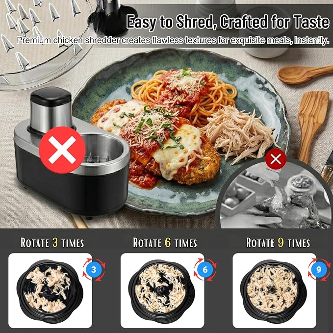 Chicken Shredder Tool Twist Large 10 Inch - Manual Chicken Breast Shredder, Clear Lid Meat Shredder Tool for Pork Beef, Non Slip Base, Easy Clean Dishwasher Safe (Black)